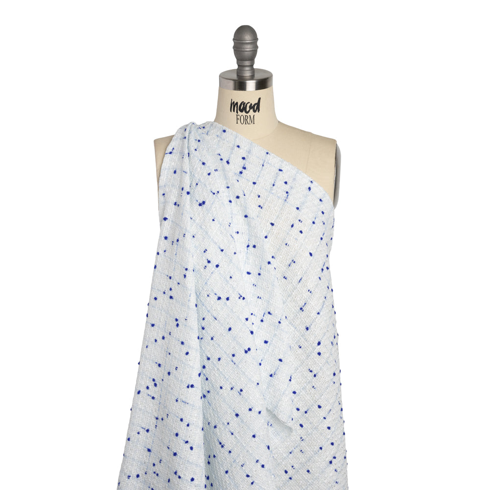 Polyester Pom Pom Tweed with Baby Sequins - White and Cobalt Blue - Deadstock - Drape