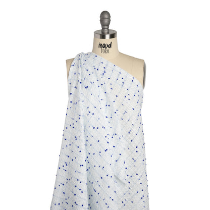 Polyester Pom Pom Tweed with Baby Sequins - White and Cobalt Blue - Deadstock