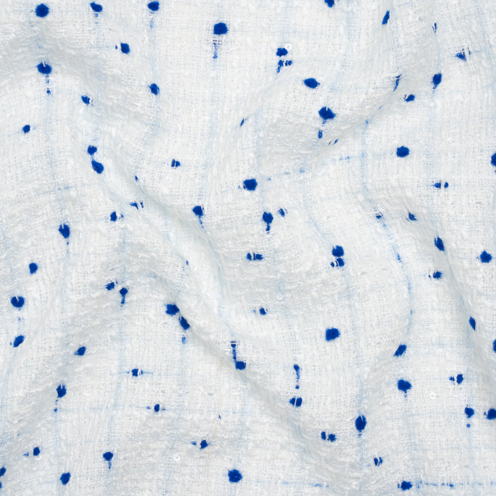 Polyester Pom Pom Tweed with Baby Sequins - White and Cobalt Blue - Deadstock