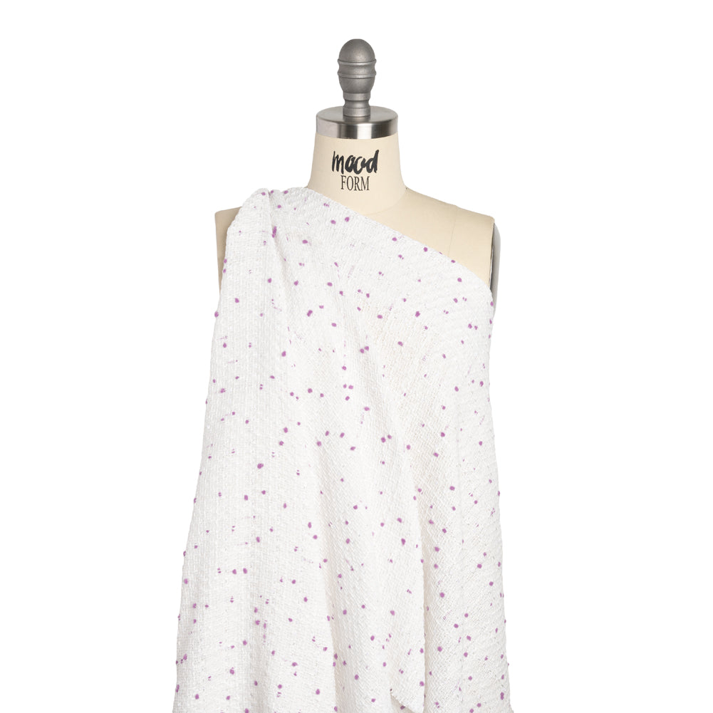 Polyester Pom Pom Tweed with Baby Sequins - White and Lavender Purple - Deadstock