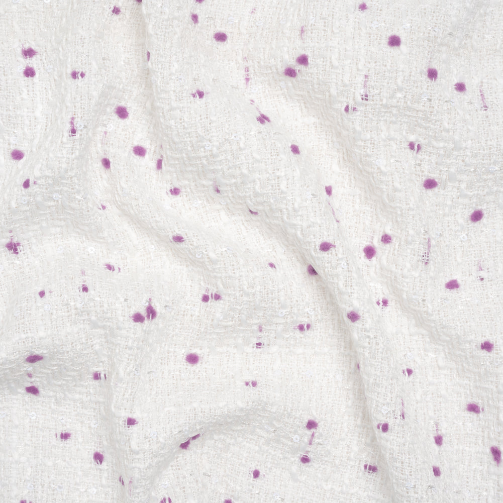 Polyester Pom Pom Tweed with Baby Sequins - White and Lavender Purple - Deadstock