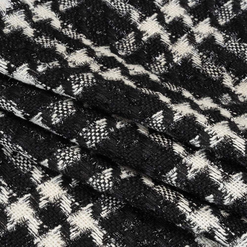 Metallic Tweed with Eyelash Fringe - Black and White Plaid - Deadstock
