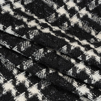 Metallic Tweed with Eyelash Fringe - Black and White Plaid - Deadstock