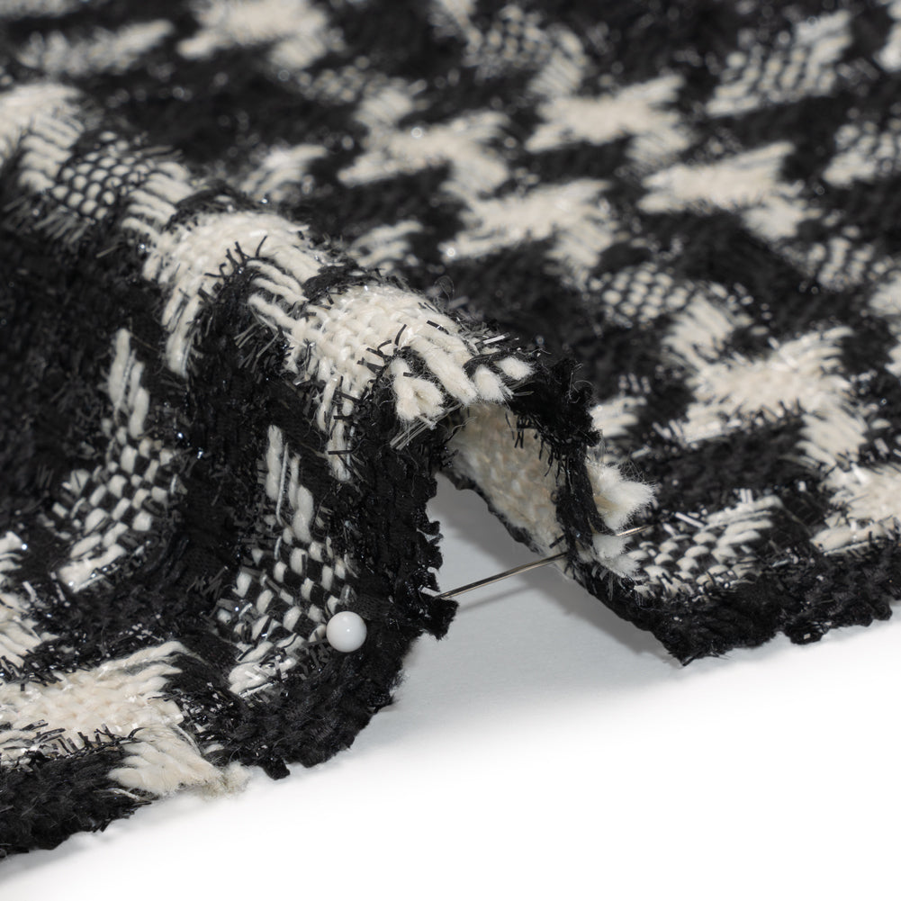 Metallic Tweed with Eyelash Fringe - Black and White Plaid - Deadstock