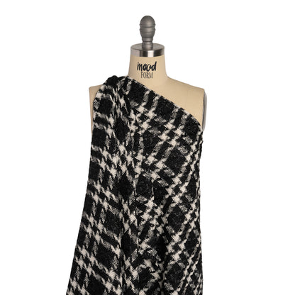 Metallic Tweed with Eyelash Fringe - Black and White Plaid - Deadstock