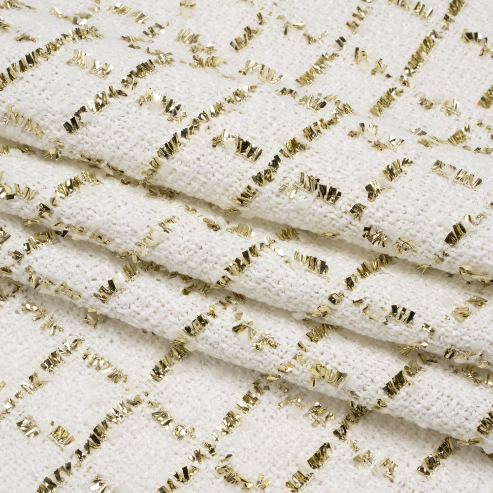 Polyester Boucle Tweed with Plaid Metallic Eyelash Fringe - White and Gold - Deadstock