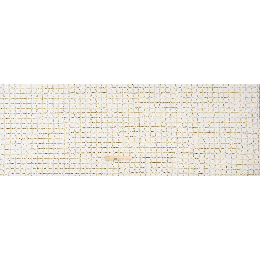 Polyester Boucle Tweed with Plaid Metallic Eyelash Fringe - White and Gold - Deadstock