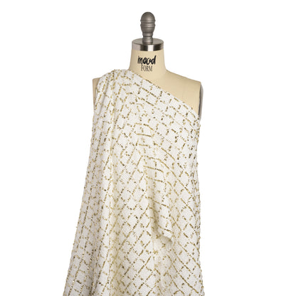 Polyester Boucle Tweed with Plaid Metallic Eyelash Fringe - White and Gold - Deadstock