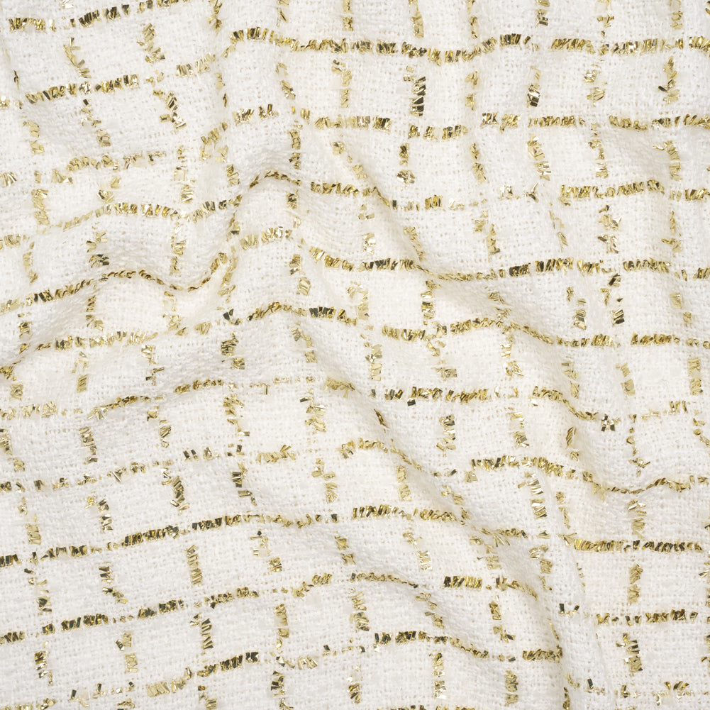 Polyester Boucle Tweed with Plaid Metallic Eyelash Fringe - White and Gold - Deadstock