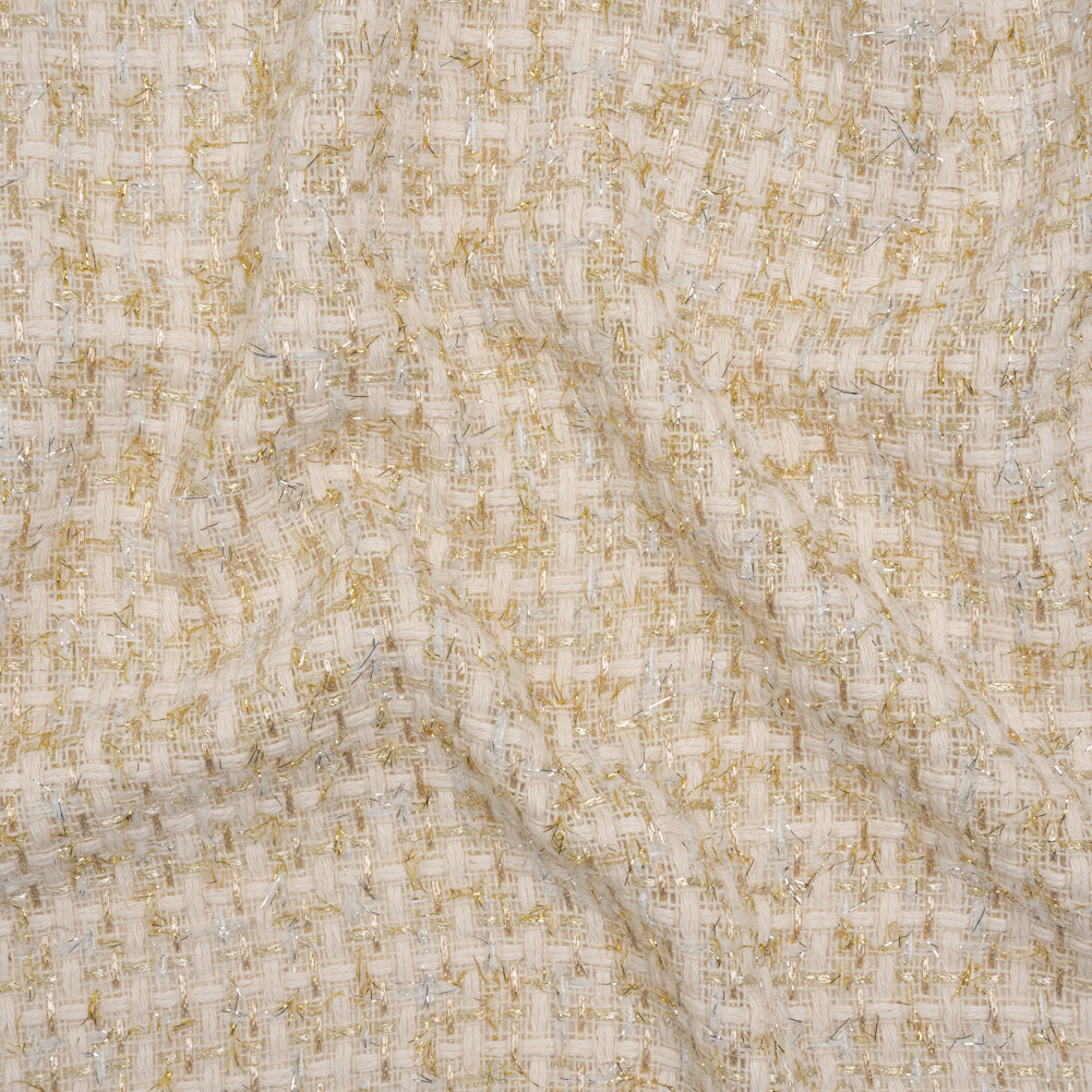Wool Blend Tweed with Silver and Gold Eyelash Fringe - Cream Checks - Deadstock