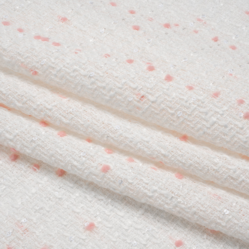 Polyester Pom Pom Tweed with Baby Sequins - White and Pale Pink - Deadstock - Folded
