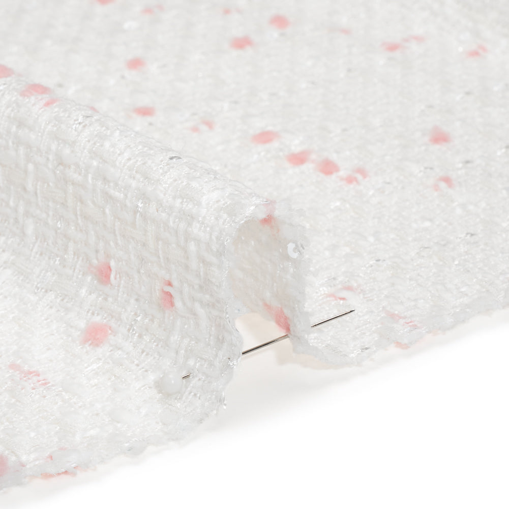 Polyester Pom Pom Tweed with Baby Sequins - White and Pale Pink - Deadstock - Detail