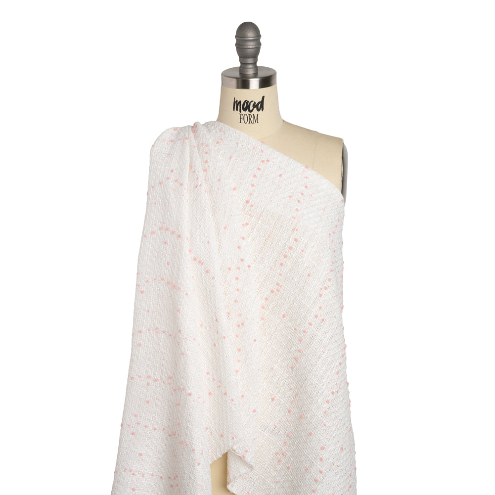 Polyester Pom Pom Tweed with Baby Sequins - White and Pale Pink - Deadstock - Drape