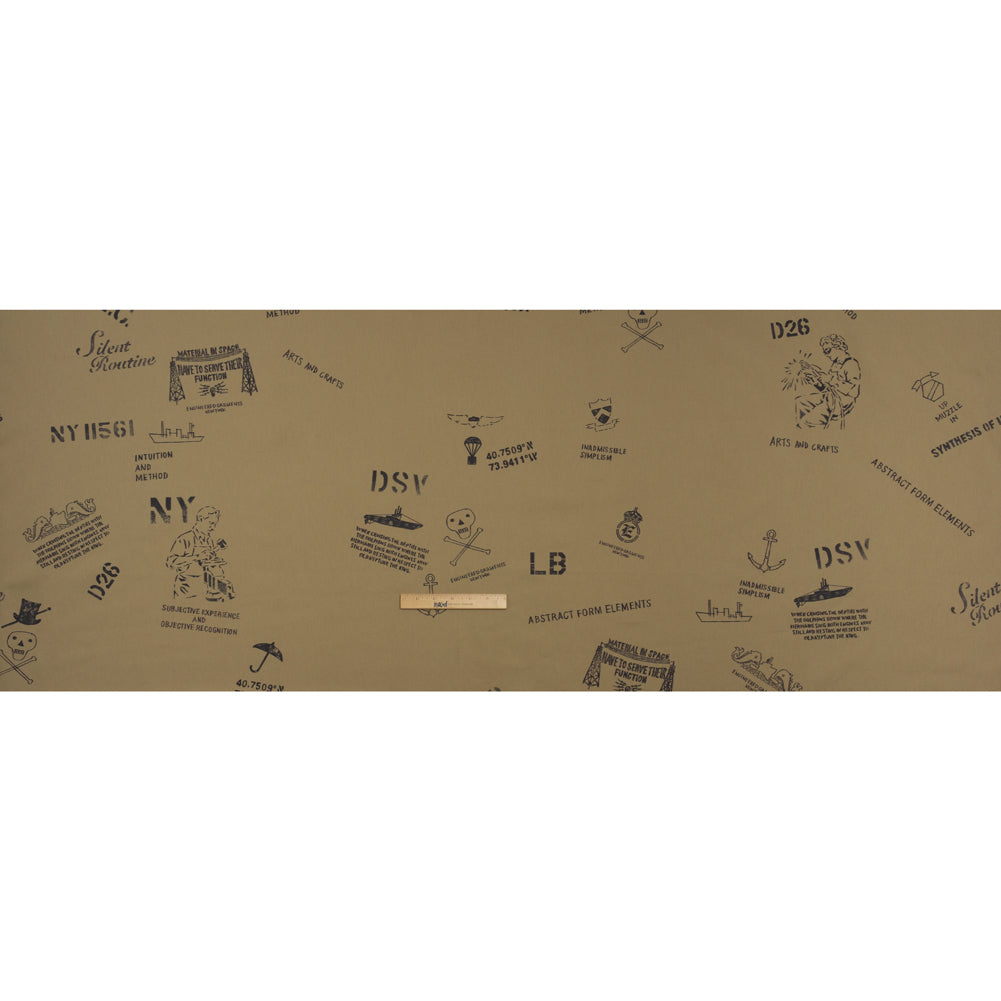 Tela de sarga de algodón estampada - Bocetos y plantillas en caqui y negro - Stock sin usar