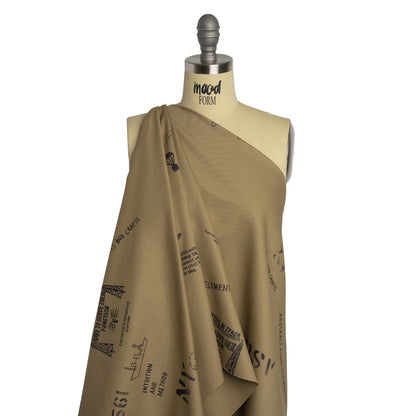 Tela de sarga de algodón estampada - Bocetos y plantillas en caqui y negro - Stock sin usar