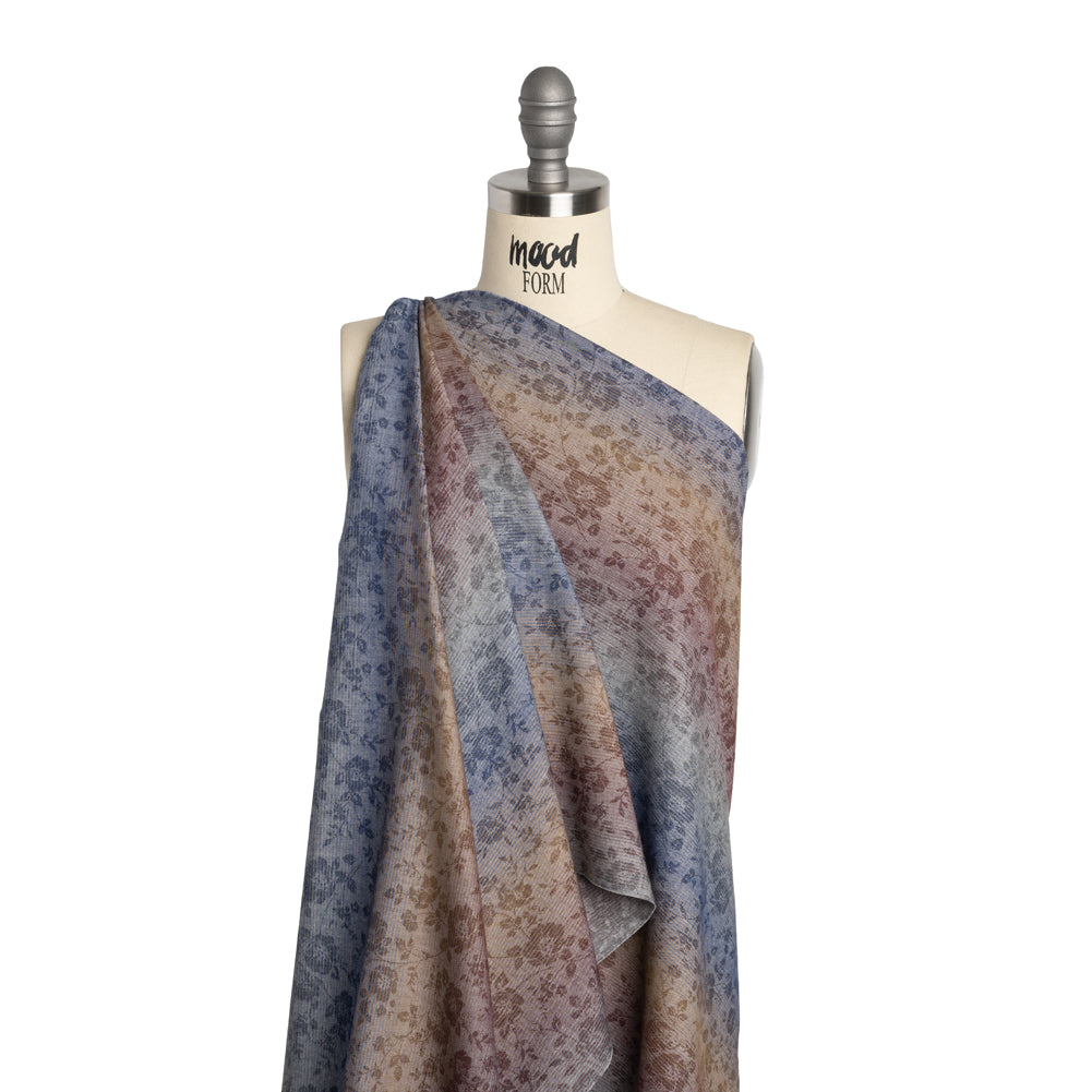 Cotton Twill with Woven Pattern - Blue, Gamboge Yellow and Burgundy Ombre Striped Floral - Deadstock - Drape