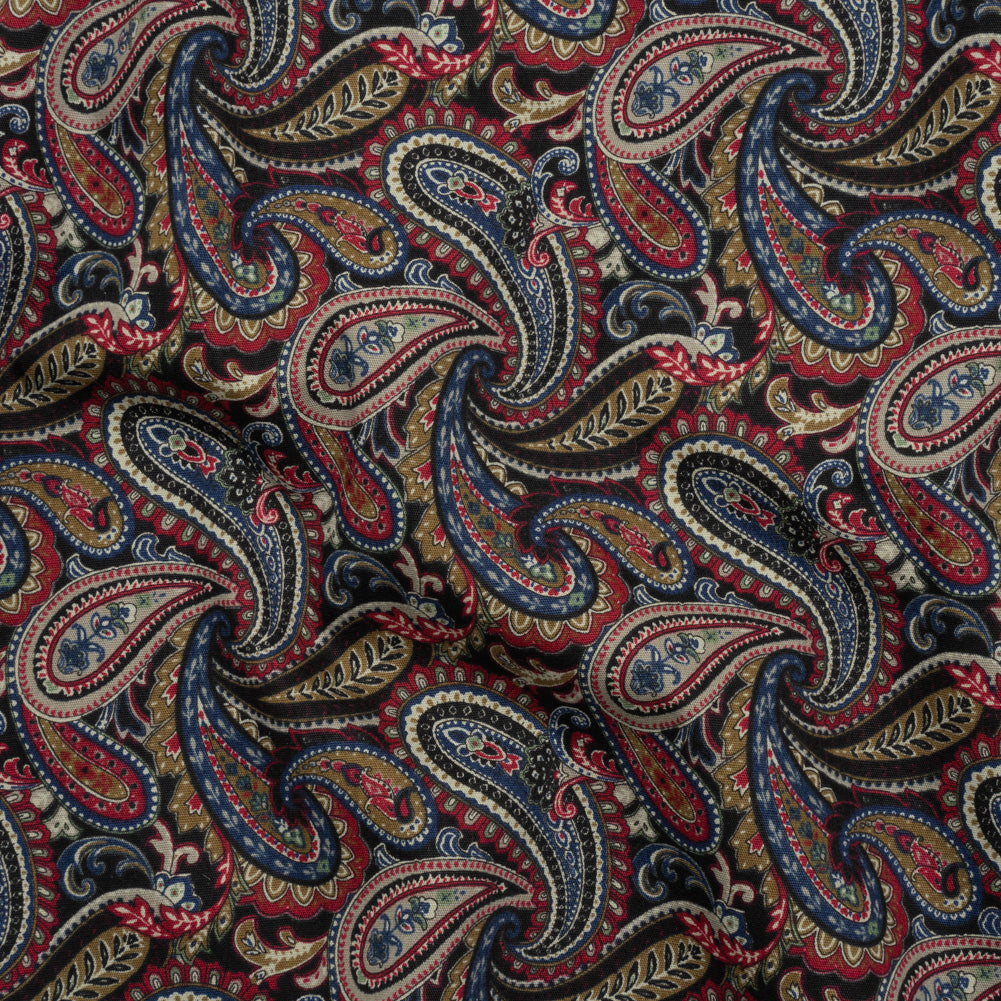 Cotton Poplin - Black, Red and Blue Paisley - Designer Deadstock Made in Japan