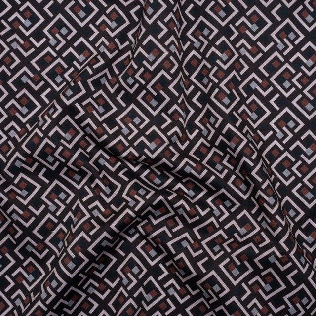 Cotton Twill Shirting - Burgundy and Navy Geometrics - Deadstock