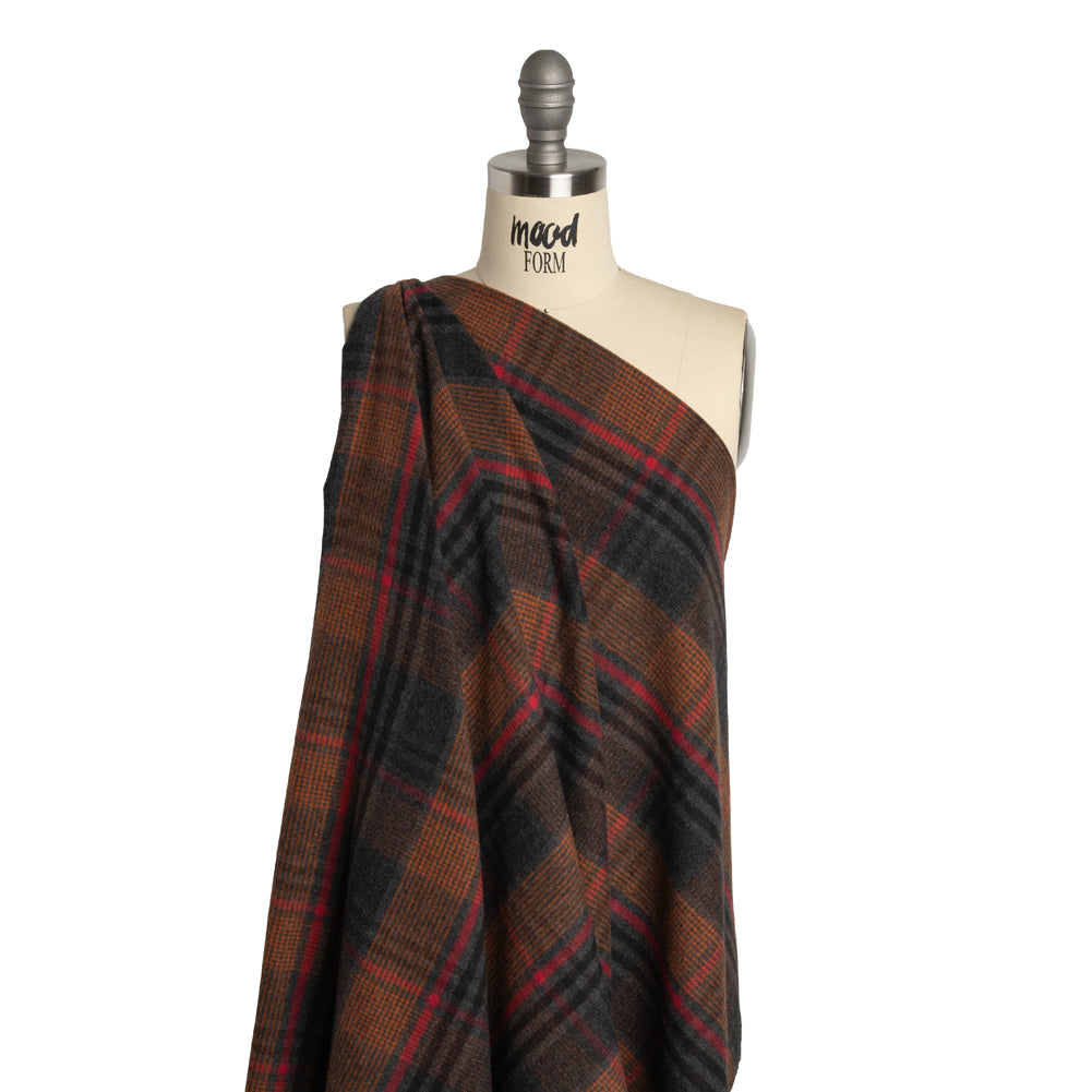 Cotton Twill Flannel - Charcoal, Burnt Orange and Red Plaid - Deadstock