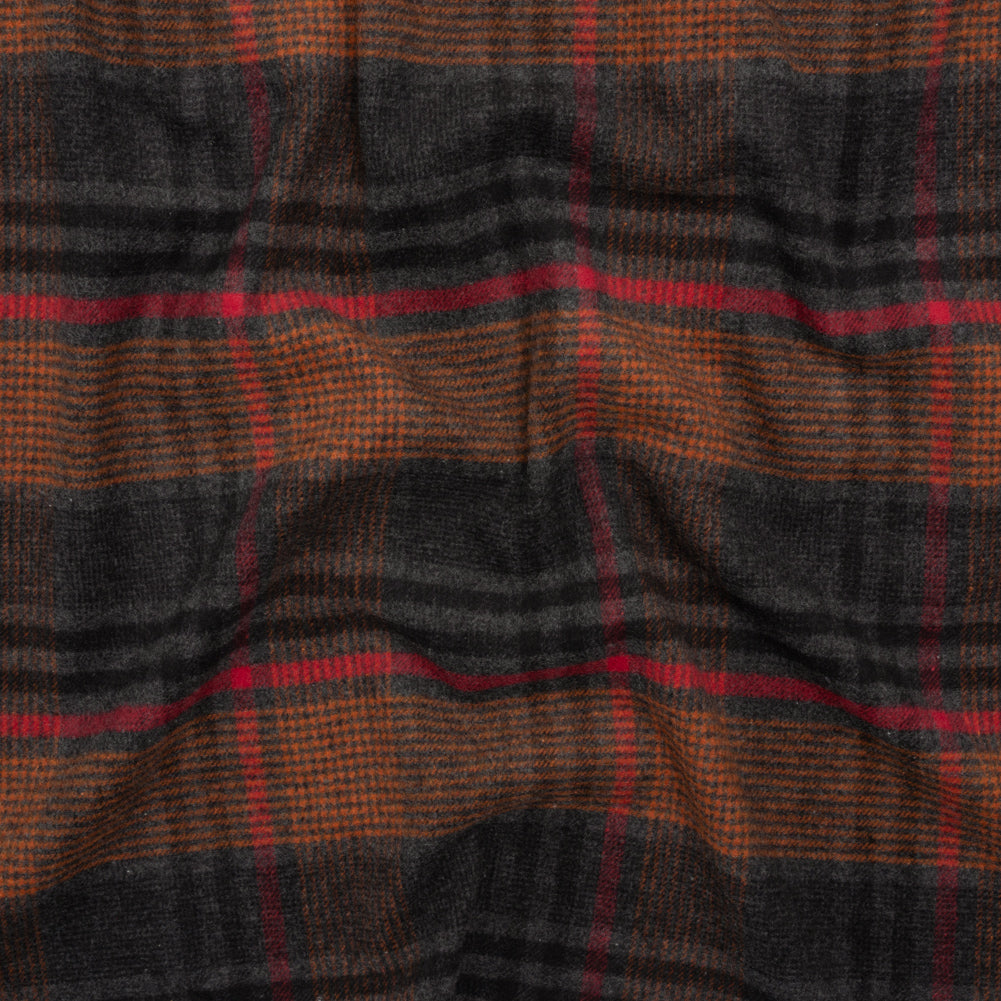 Cotton Twill Flannel - Charcoal, Burnt Orange and Red Plaid - Deadstock