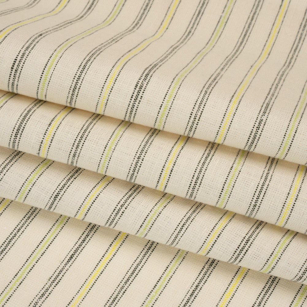 Medium Weight Linen Woven - Cream, Green and Yellow Ticking Stripes Folded