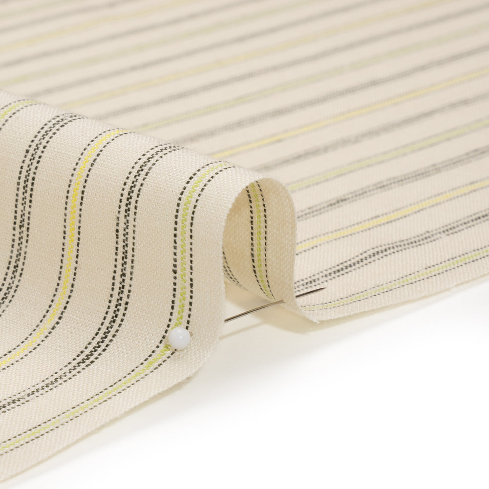 Medium Weight Linen Woven - Cream, Green and Yellow Ticking Stripes Detail
