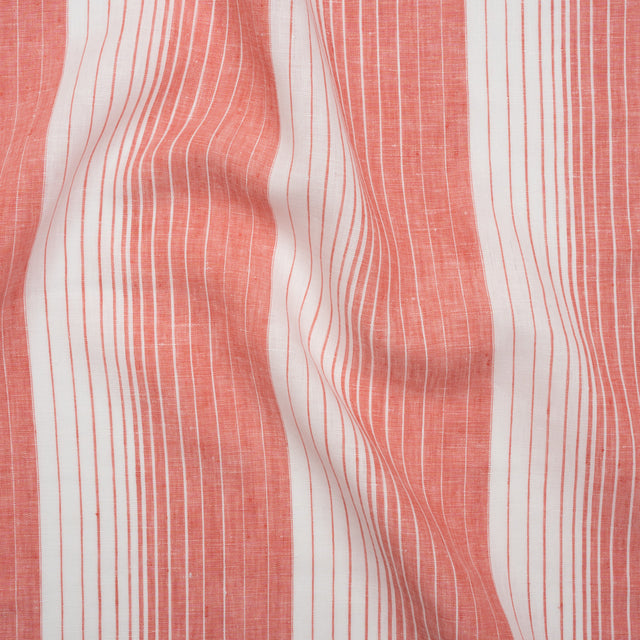 Medium Weight Linen Woven - Coral Pink and White Gradient Stripes