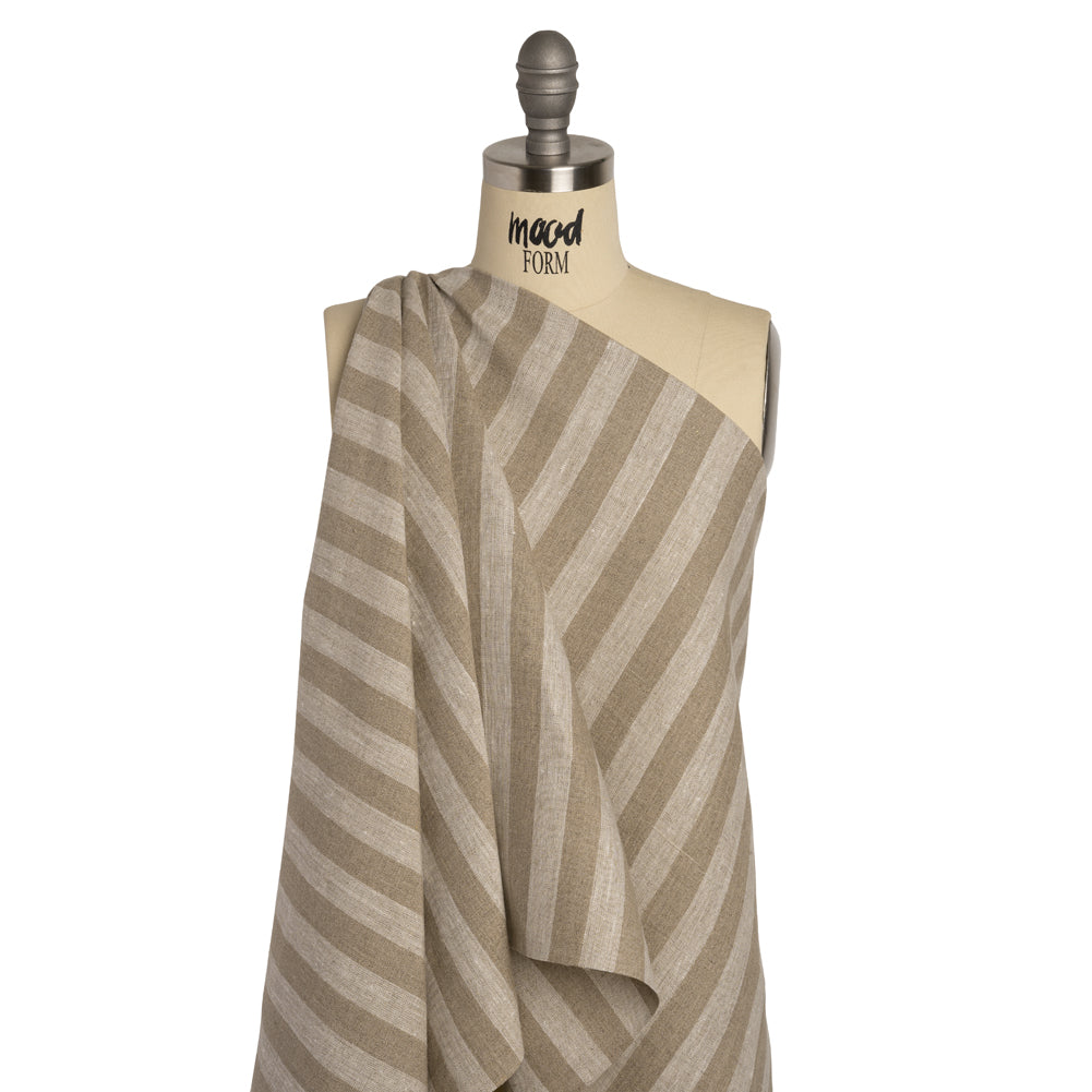 Medium Weight Linen Woven - White and Dark Beige Awning Stripes Drape