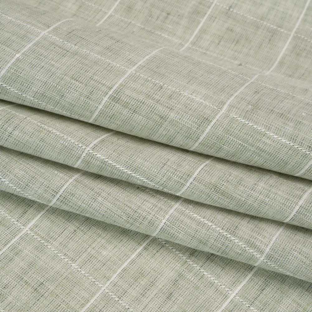 Lightweight Linen Woven - Heathered Green and White Windowpane Checks Folded