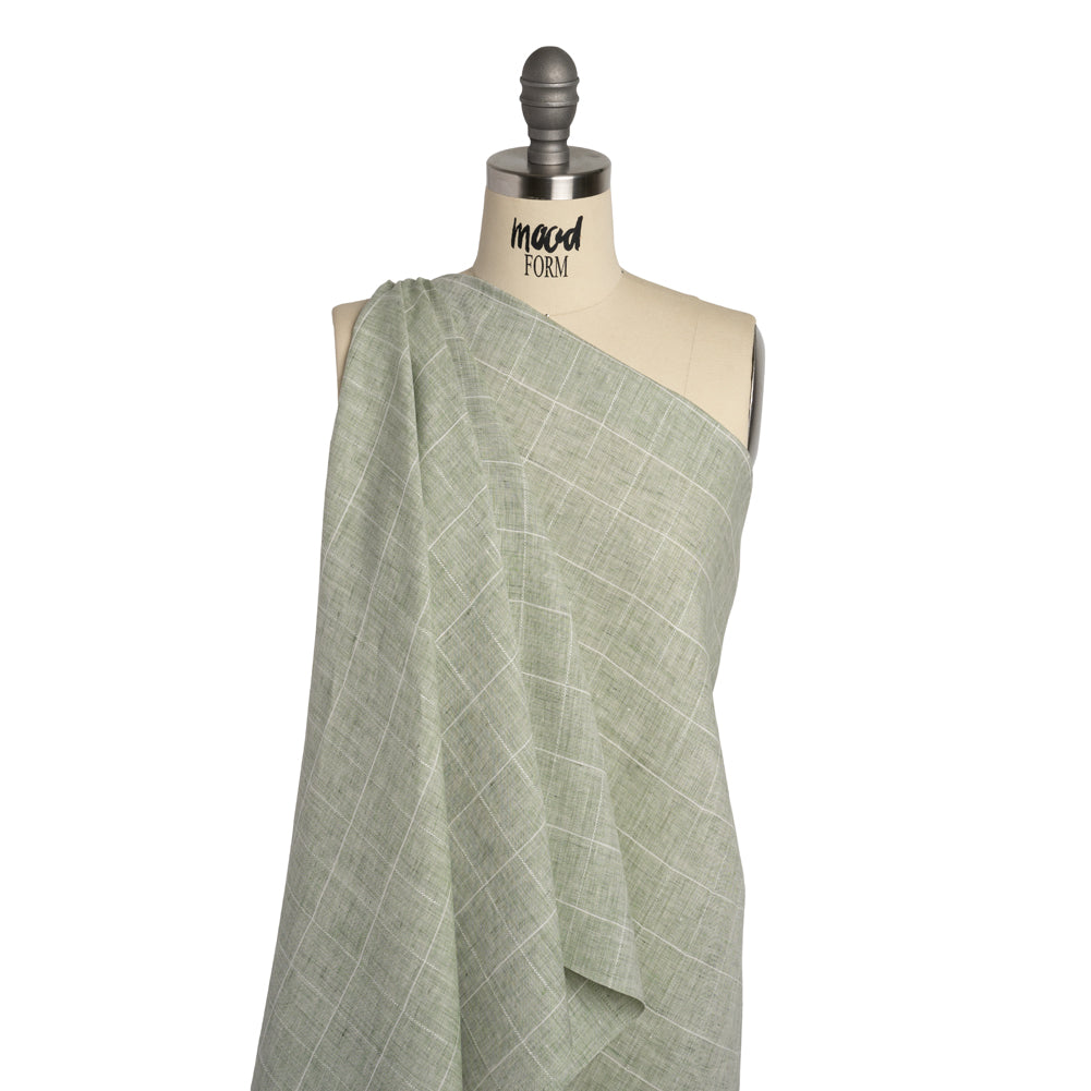 Lightweight Linen Woven - Heathered Green and White Windowpane Checks Drape