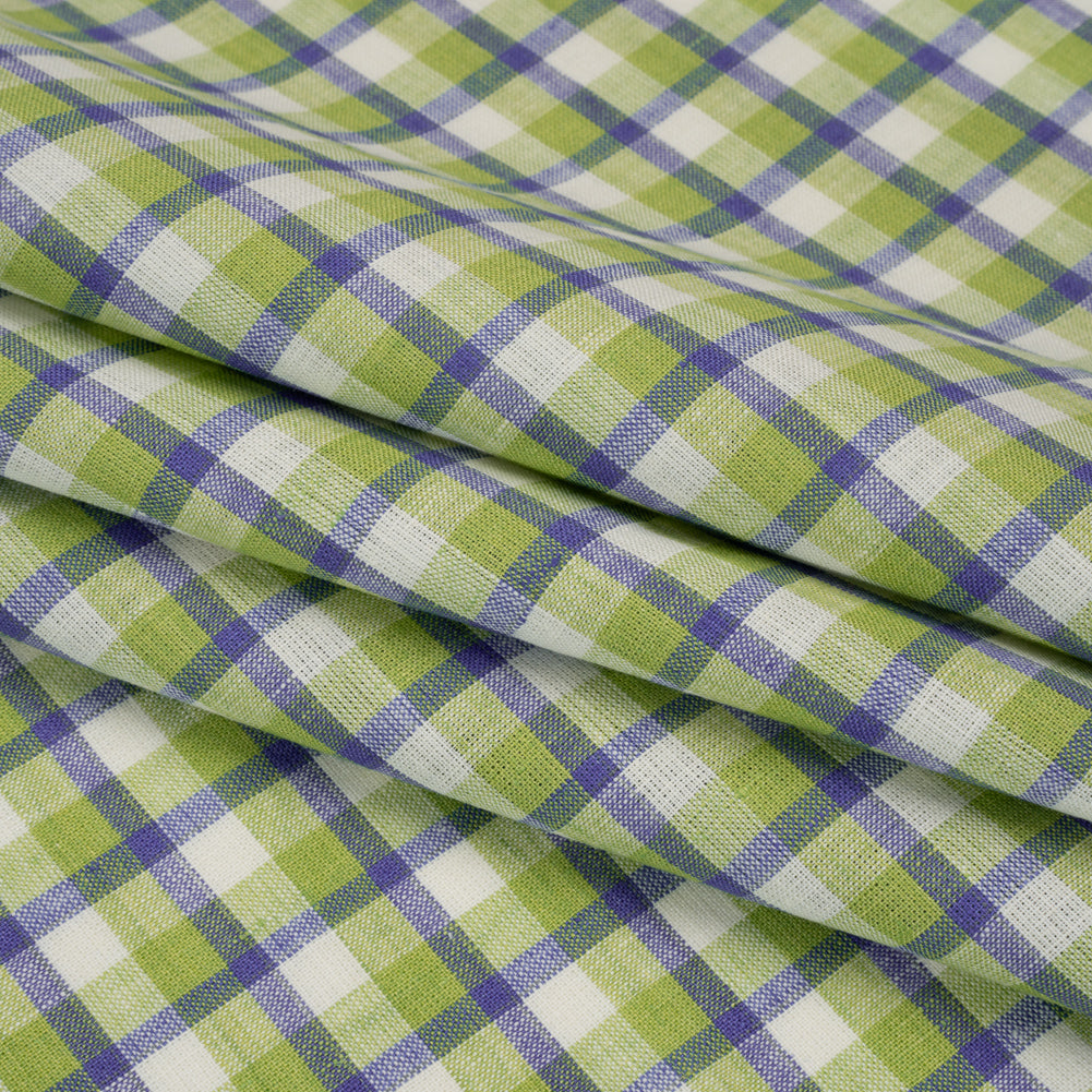 Medium Weight Linen Woven - Lime Green, Blue and Cream Plaid