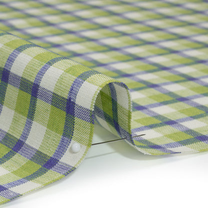 Medium Weight Linen Woven - Lime Green, Blue and Cream Plaid