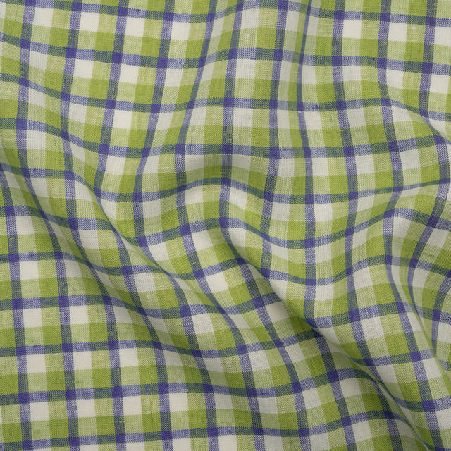 Medium Weight Linen Woven - Lime Green, Blue and Cream Plaid