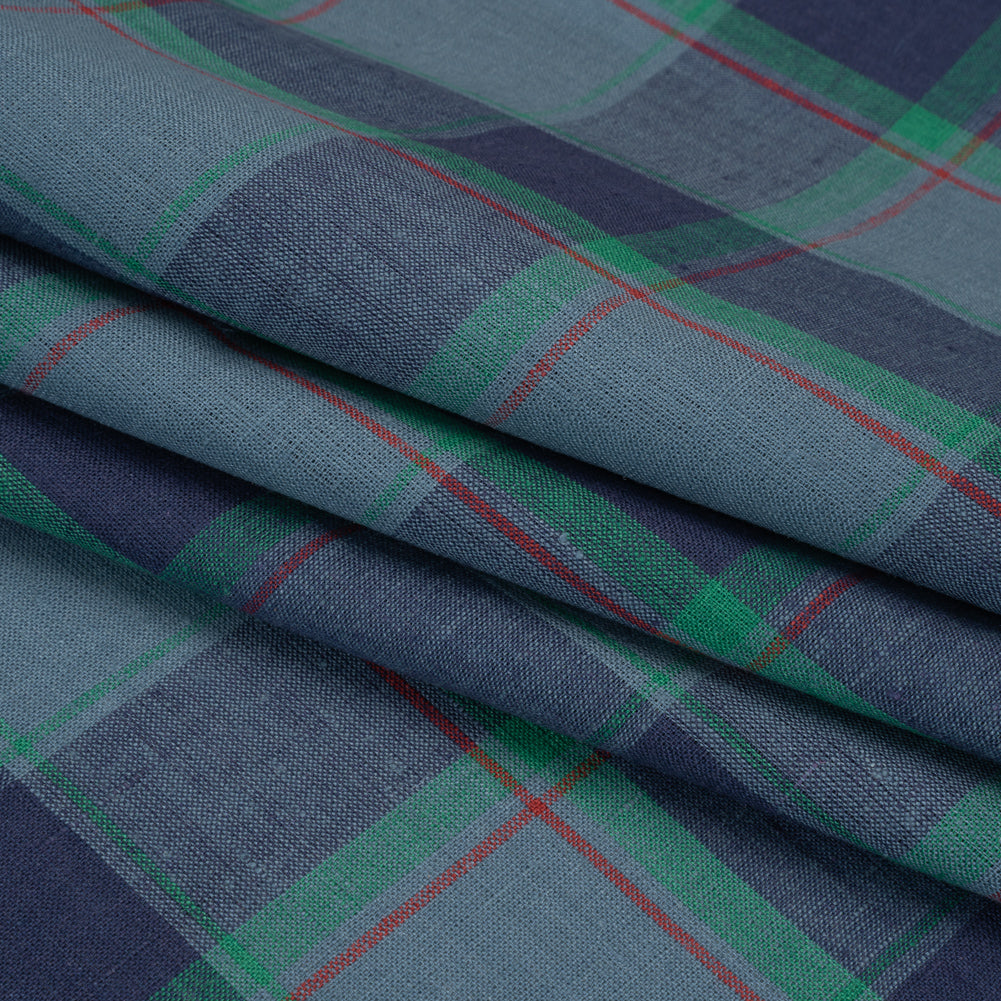 Medium Weight Linen Woven - Blue, Green and Red Plaid Folded