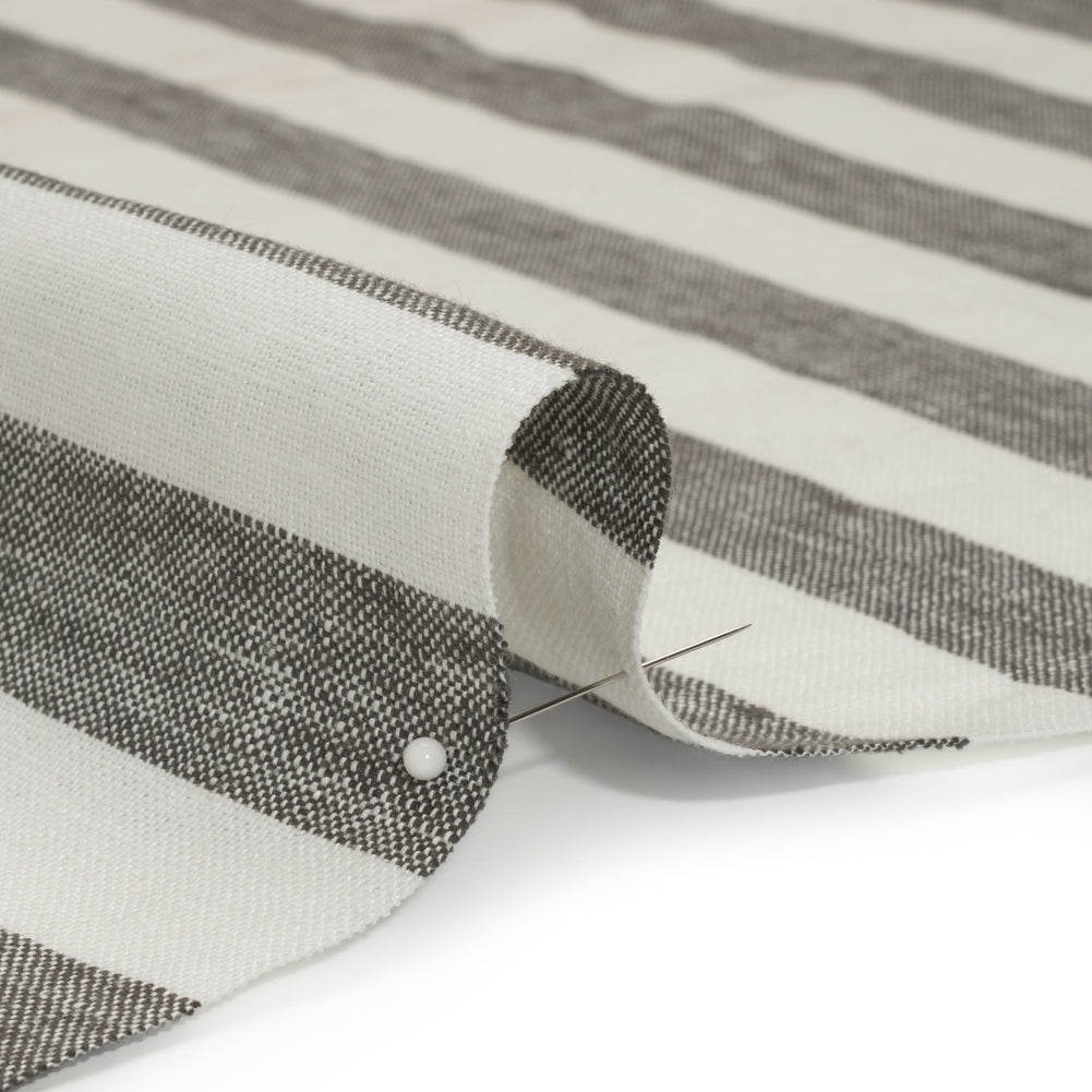 Medium Weight Linen Woven - Smoke Gray and Cream Awning Stripes Detail