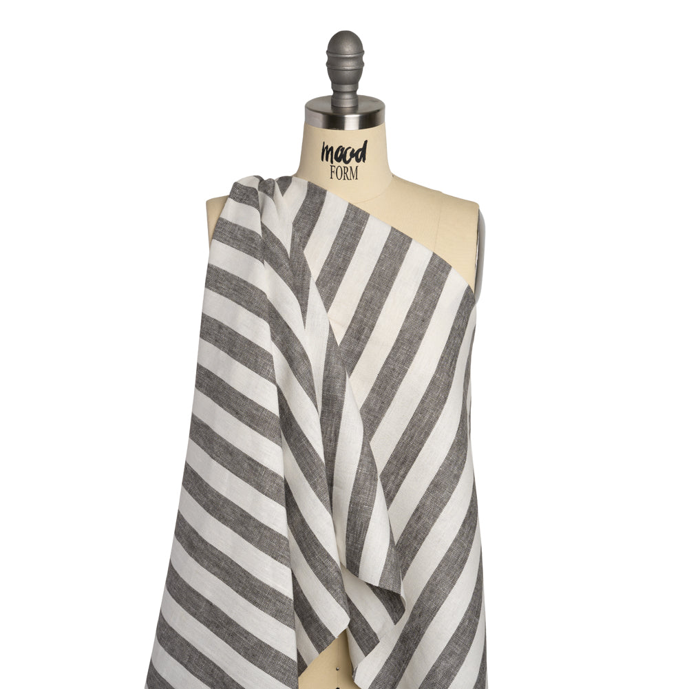 Medium Weight Linen Woven - Smoke Gray and Cream Awning Stripes Drape