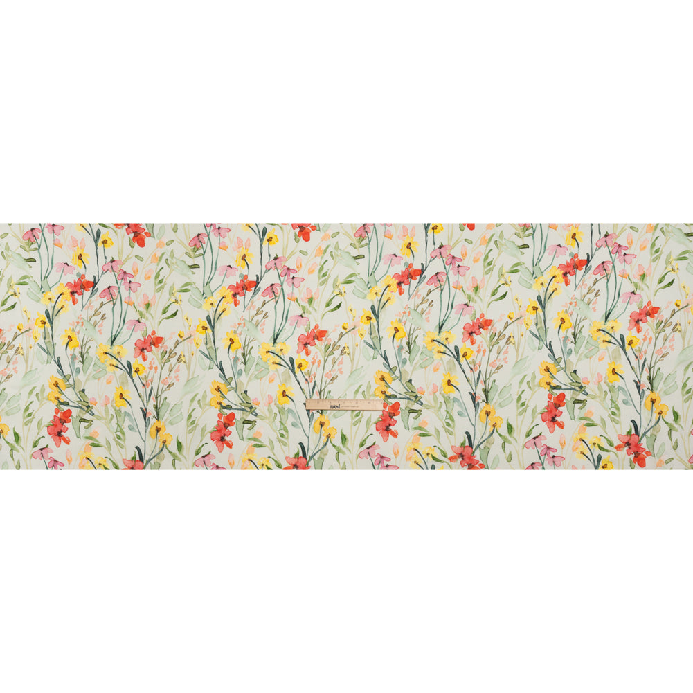 Lightweight Linen Woven - Yellow, Red and Green Watercolor Floral Trails on Ivory Full