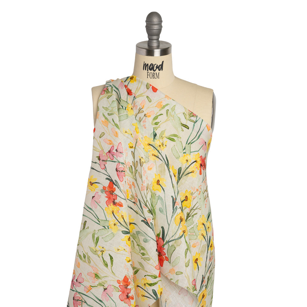 Lightweight Linen Woven - Yellow, Red and Green Watercolor Floral Trails on Ivory Drape