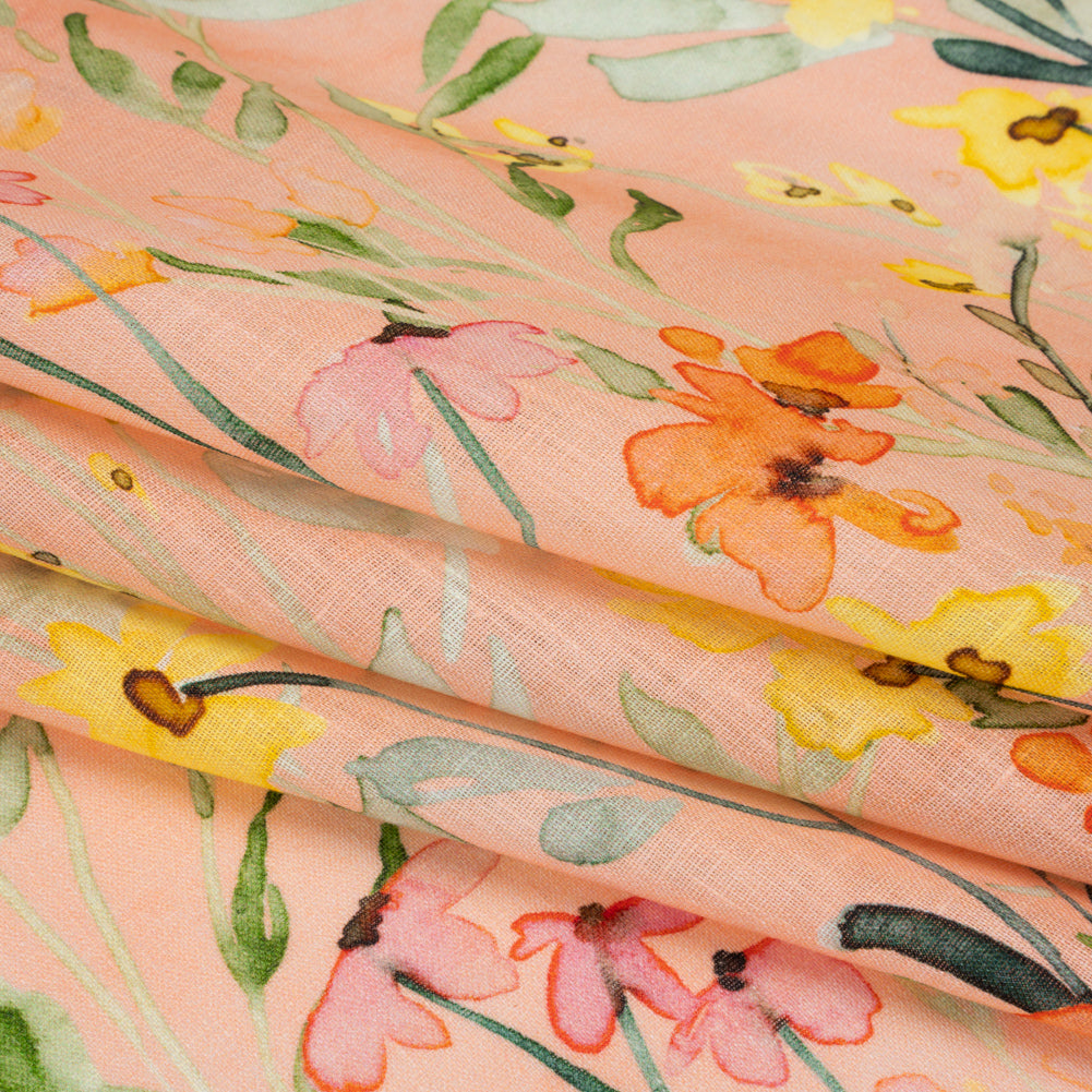 Lightweight Linen Woven - Yellow, Red and Green Watercolor Floral Trails on Blush Pink Folded