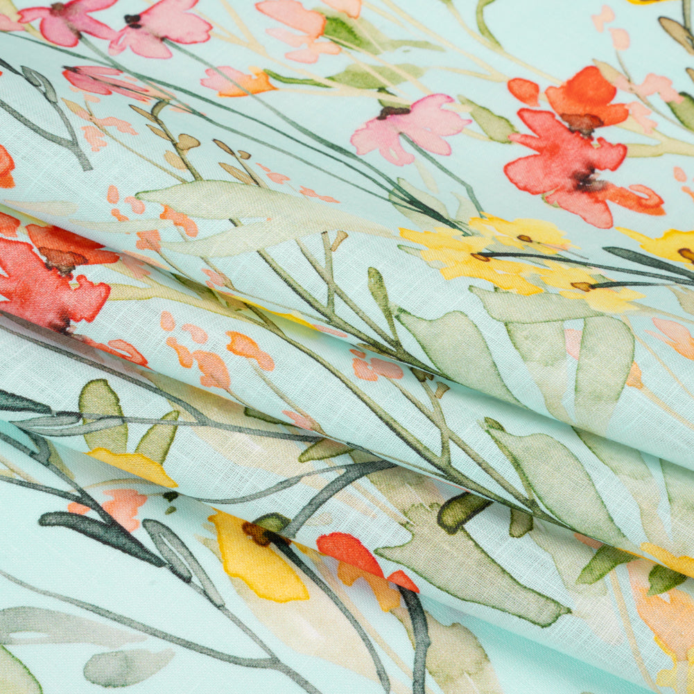 Lightweight Linen Woven - Yellow, Red and Green Watercolor Floral Trails on Ocean Blue - Folded