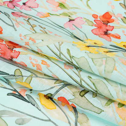 Lightweight Linen Woven - Yellow, Red and Green Watercolor Floral Trails on Ocean Blue