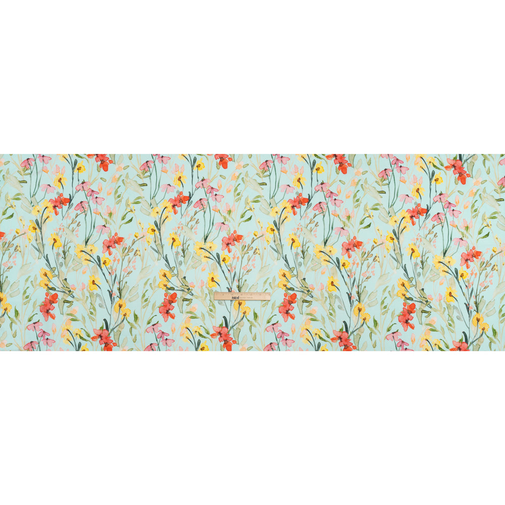 Lightweight Linen Woven - Yellow, Red and Green Watercolor Floral Trails on Ocean Blue Drape
