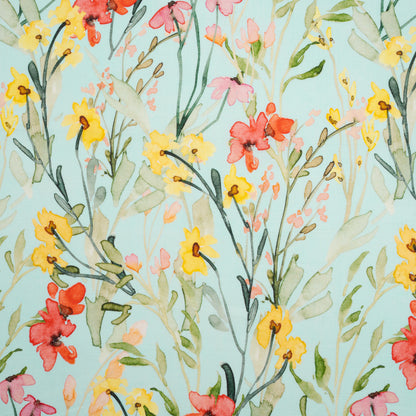 Lightweight Linen Woven - Yellow, Red and Green Watercolor Floral Trails on Ocean Blue