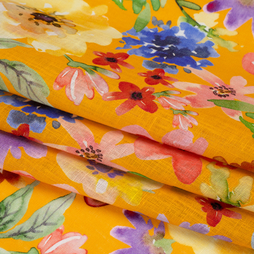 Lightweight Linen Woven - Purple, Yellow and Green Petal Drift Florals on Saffron Yellow Folded