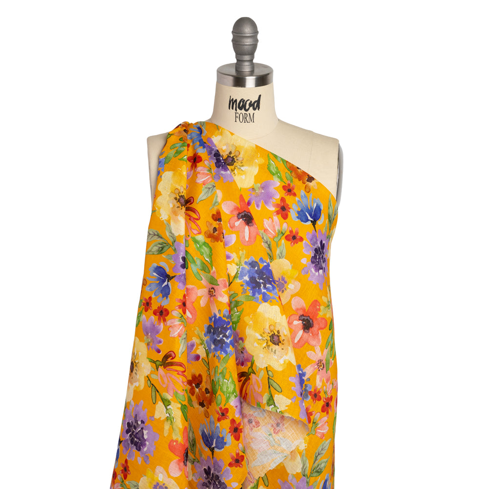 Lightweight Linen Woven - Purple, Yellow and Green Petal Drift Florals on Saffron Yellow Drape