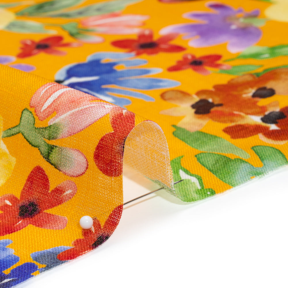 Lightweight Linen Woven - Purple, Yellow and Green Petal Drift Florals on Saffron Yellow Detail