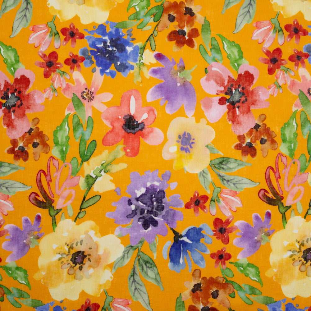 Lightweight Linen Woven - Purple, Yellow and Green Petal Drift Florals on Saffron Yellow