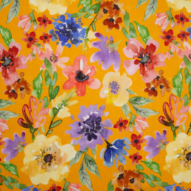 Lightweight Linen Woven - Purple, Yellow and Green Petal Drift Florals on Saffron Yellow