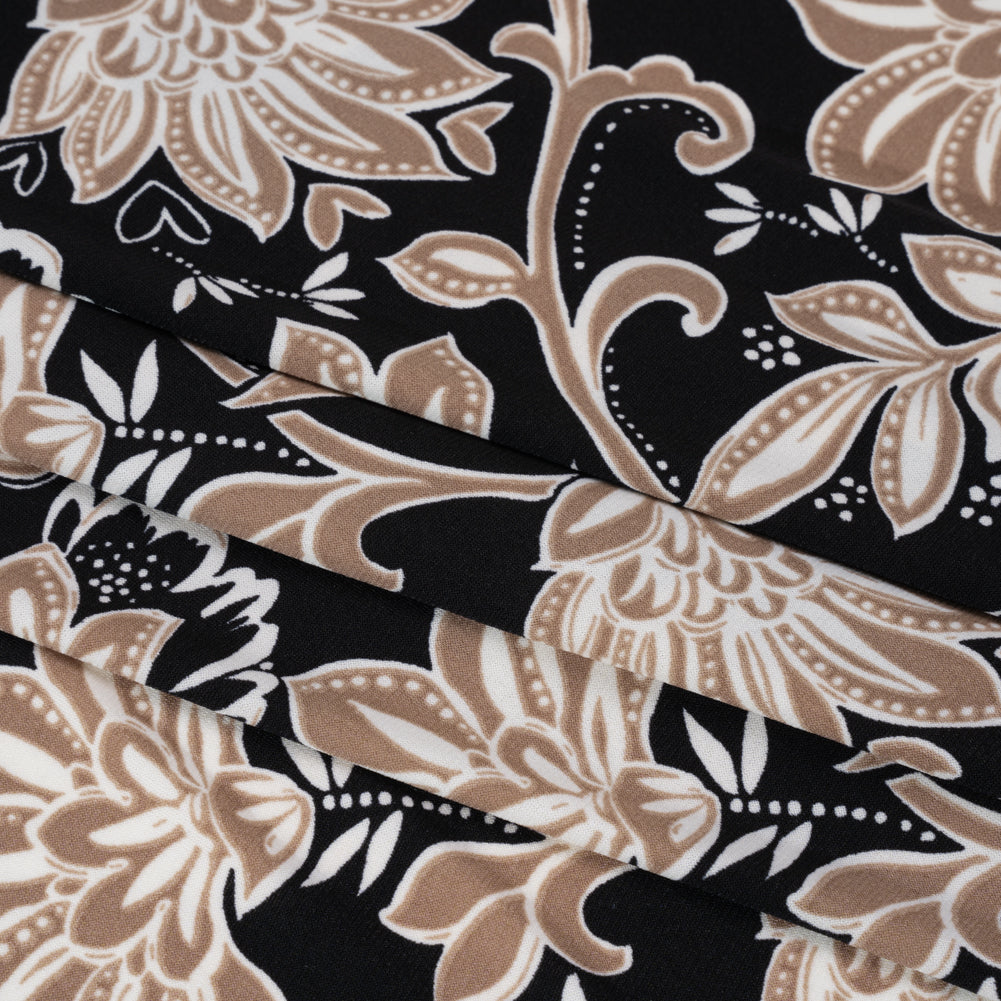 Stretch Polyester Tricot Panel - Beige, Black and White Floral and Geometric - Designer Deadstock
