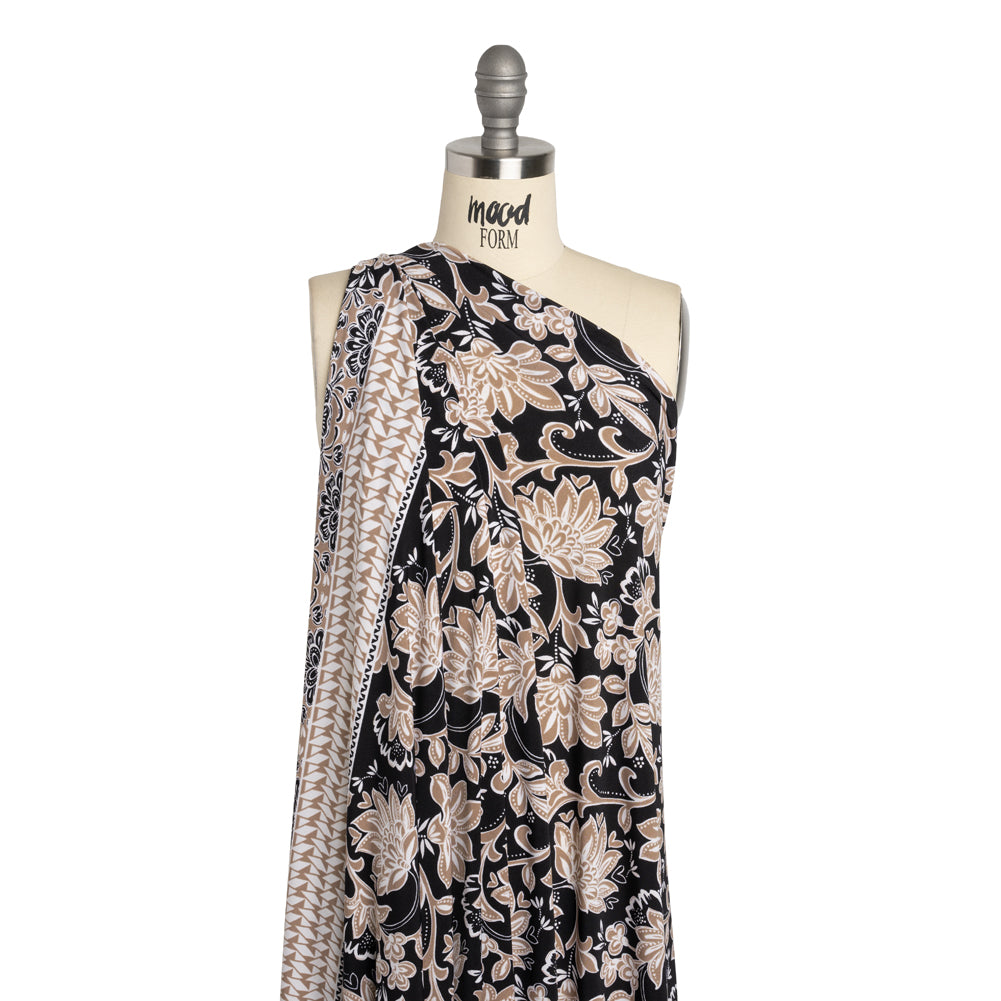 Stretch Polyester Tricot Panel - Beige, Black and White Floral and Geometric - Designer Deadstock